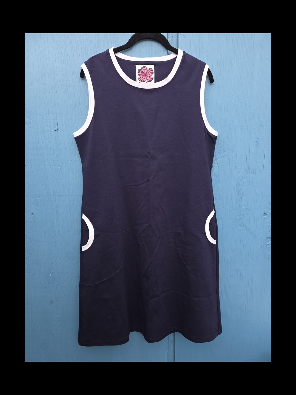 Sleeveless Navy Midi Dress with White Trim